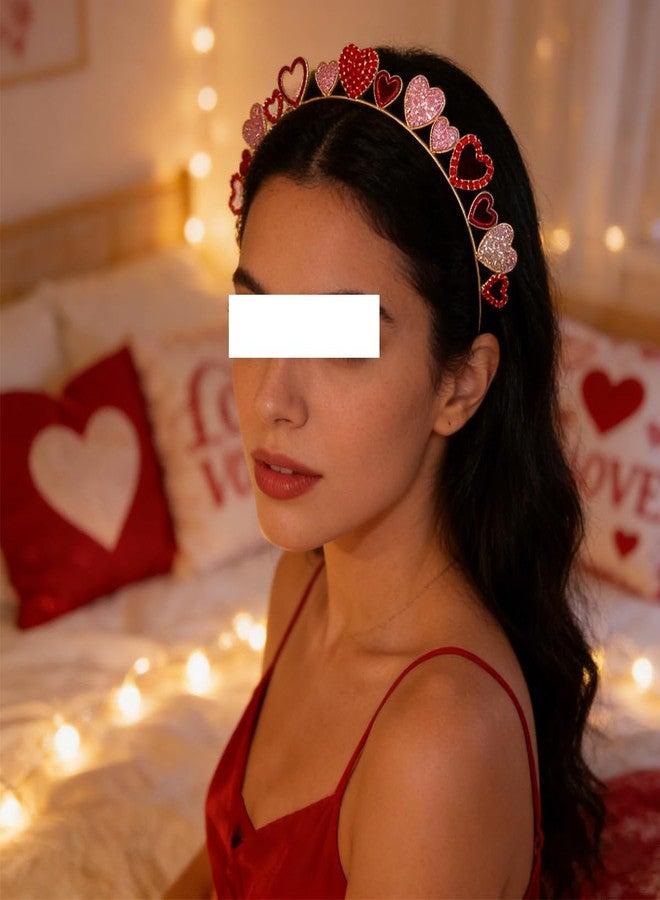 طوق شعر KTAABTR قطعة واحدة بتصميم قلوب حب وردية وحمراء مزينة بأحجار الراين، طوق شعر لامع على شكل قلب للنساء، مستلزمات تزيين الشعر، إكسسوارات شعر ذهبية لعيد الحب - Image 3